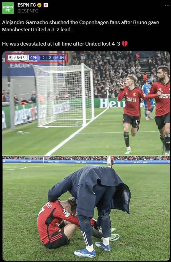 168娱乐-体育新闻-曼联3-2领先时亚历杭德罗·加纳乔嘲讽对手粉丝，输球后情绪崩了