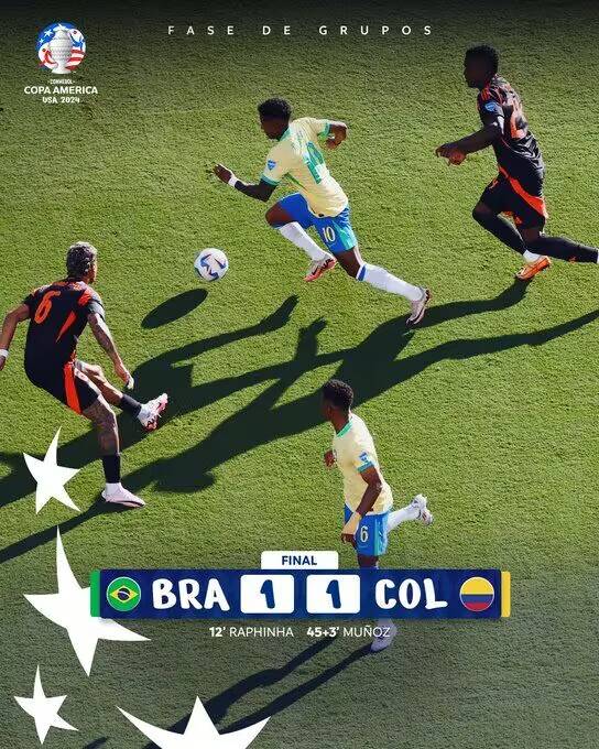 168娱乐-美洲杯-拉菲尼亚任意球破门 巴西1-1哥伦比亚将战乌拉圭